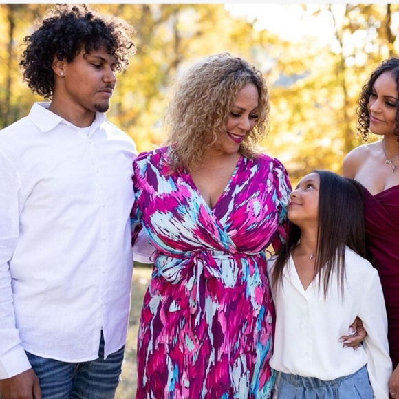 Printed Blue Purple Pink Wrap Short Dress Tie Belt Long Lantern Sleeve - Picture 9 of 10